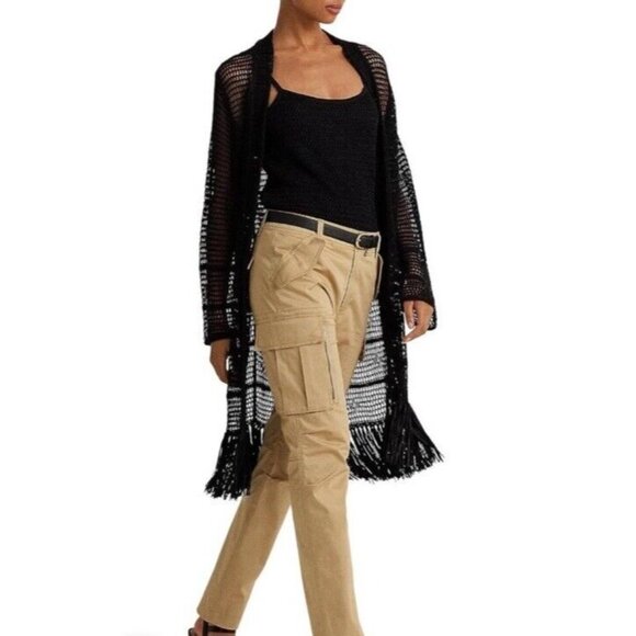 RALPH LAUREN XL Women's Pointelle Knit Linen Blend Cardigan $245 Fringe Black - Picture 3 of 15